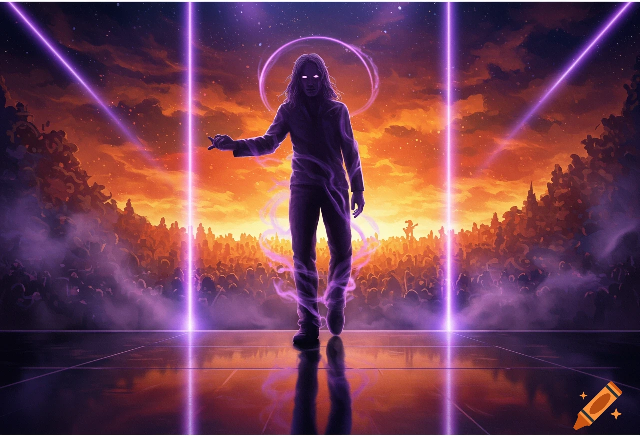 A long-haired figure with glowing eyes stands on a stage with purple light beams, facing a crowd under an orange sky.