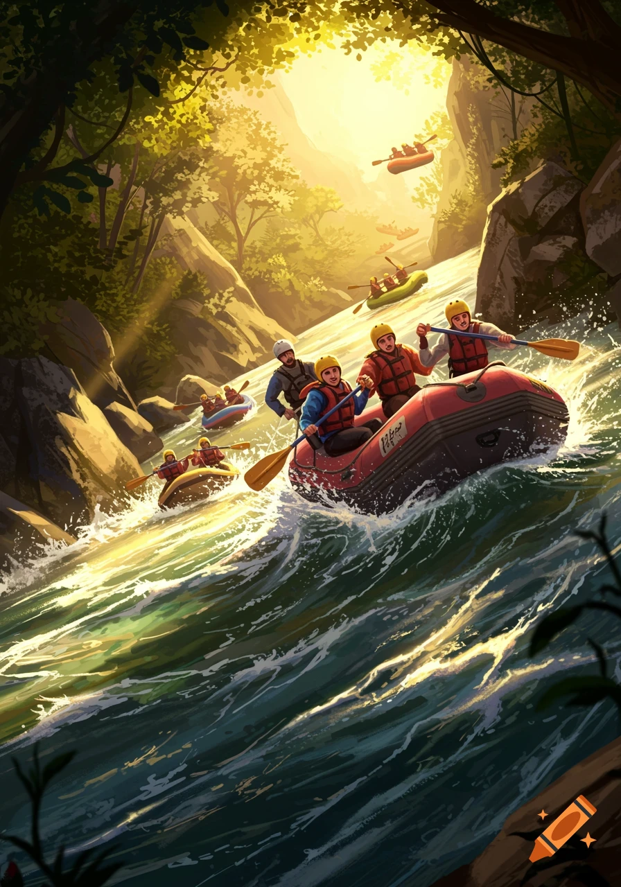 Animated illustration of people white-water rafting down a river under bright sunlight, surrounded by rocky cliffs and lush trees.