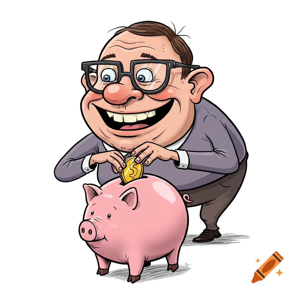 A smiling cartoon man with glasses puts a dollar coin into a pink piggy bank.
