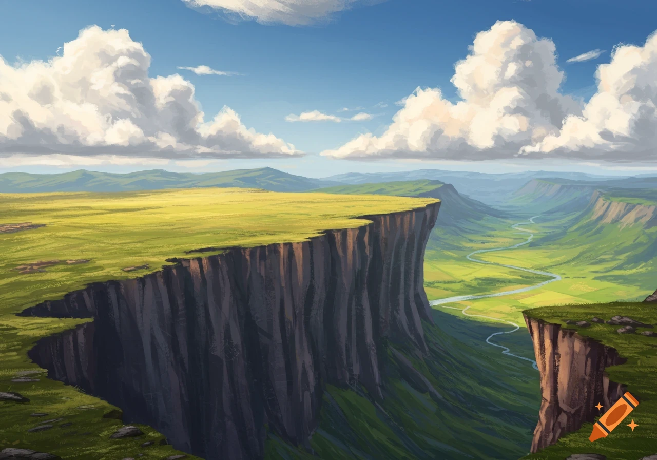 A digital painting of a vast grassy plateau with steep cliffs overlooking a winding river valley under a blue sky with clouds.