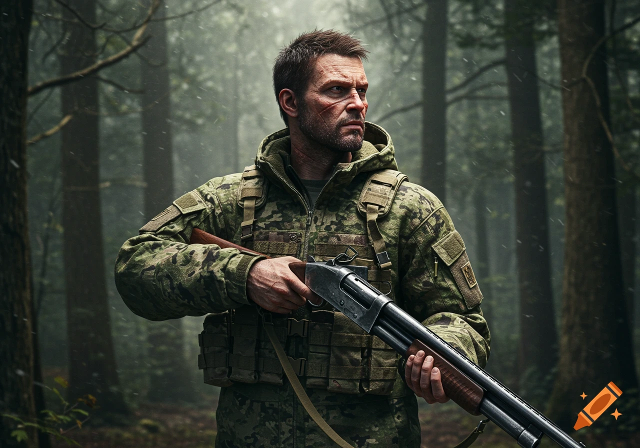 A serious scarred man in camouflage holds a shotgun in a misty forest.
