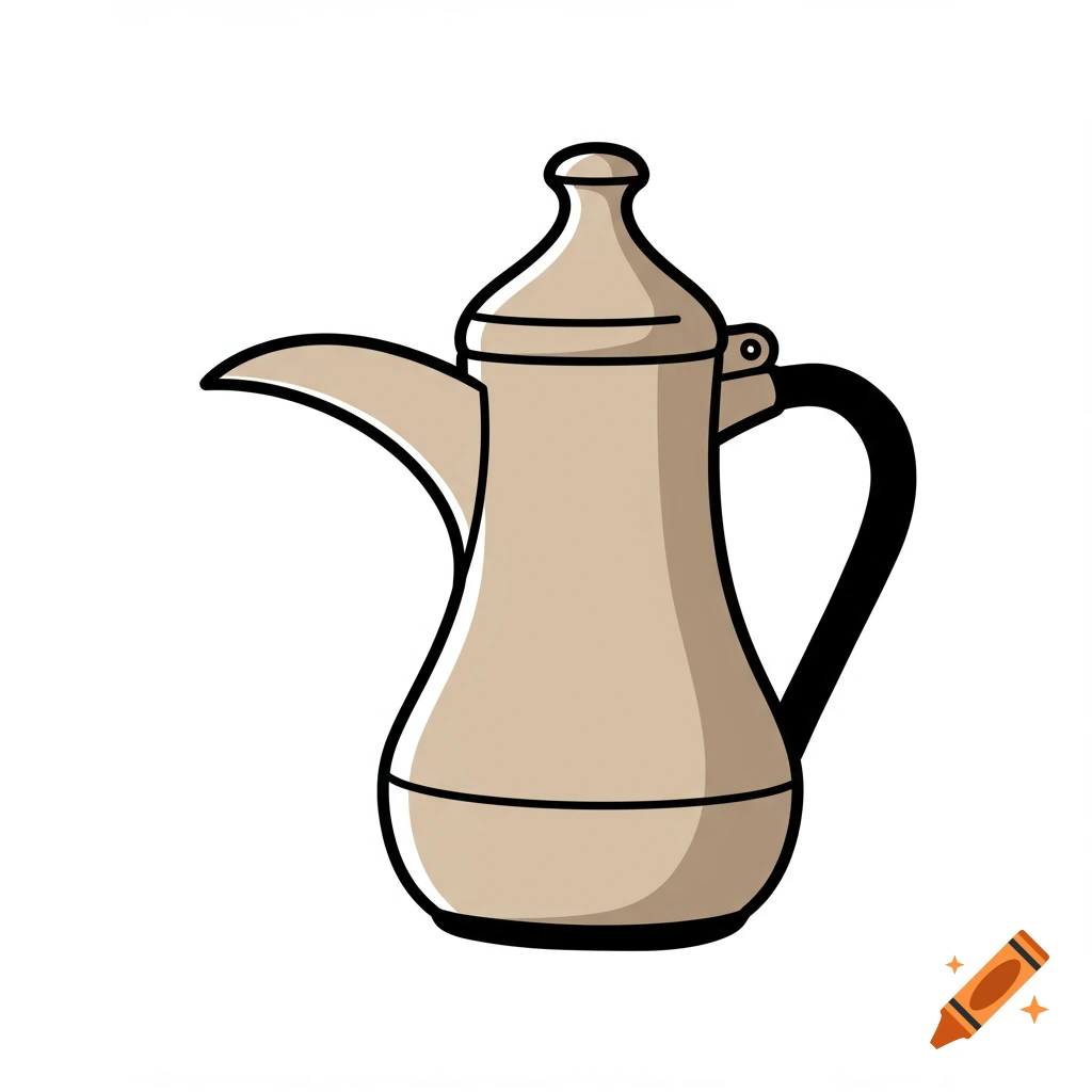 A simple 2D cartoon illustration of a beige Dallah coffee pot with a black handle on a white background.