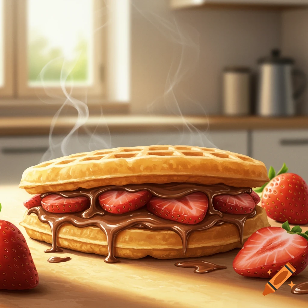 A warm waffle sandwich filled with chocolate and sliced strawberries, with whole and cut strawberries on a wooden kitchen counter.