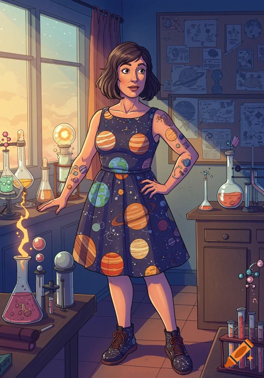 A female science teacher with short dark hair, wearing a planet-themed dress and shoes, stands in a lab with various experiments and planets tattooed on her forearms.