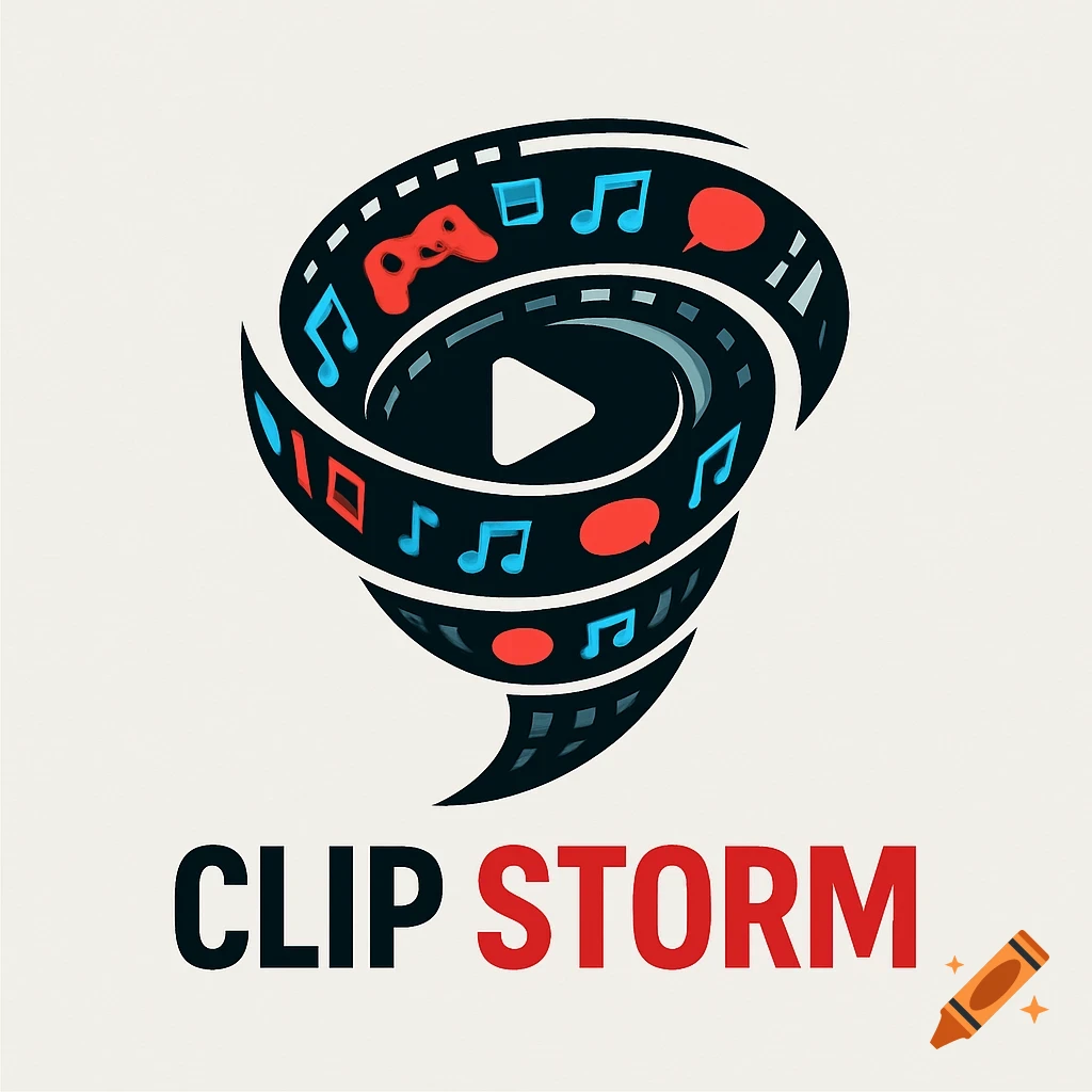 A graphic logo featuring a film strip tornado with multimedia icons and the text 'CLIP STORM' below.