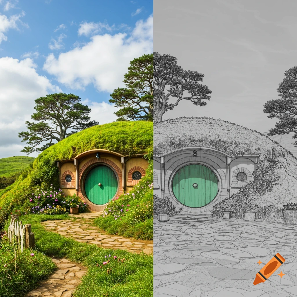 A split image showing a Hobbit hole: the left is a photorealistic landscape, and the right is an architectural sketch.