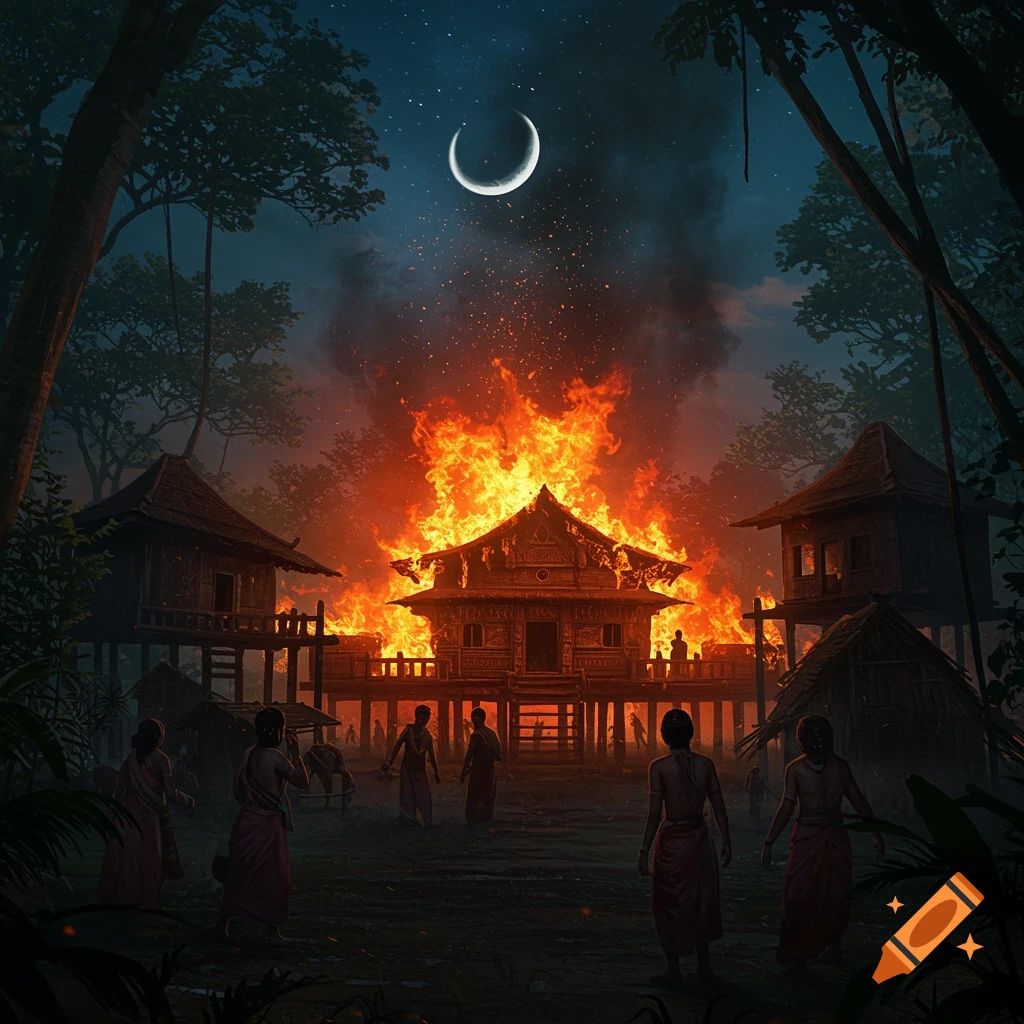 A wooden village in a jungle at night, with one building engulfed in massive flames under a crescent moon, and villagers watching.