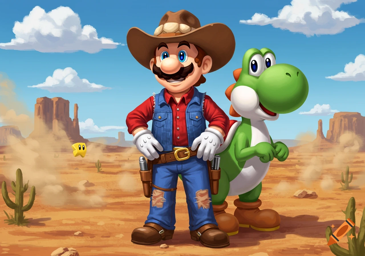 Mario as a cowboy with Yoshi in a desert landscape with mesas and cacti.