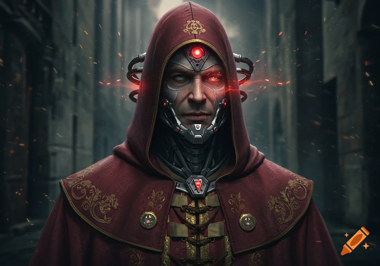 Close-up of a male cyborg in a red hooded robe with glowing red eyes and intricate cybernetic facial enhancements.
