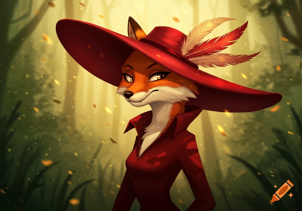An anthropomorphic fox wearing a wide-brimmed red hat with feathers and a red coat, standing in a sunlit forest.