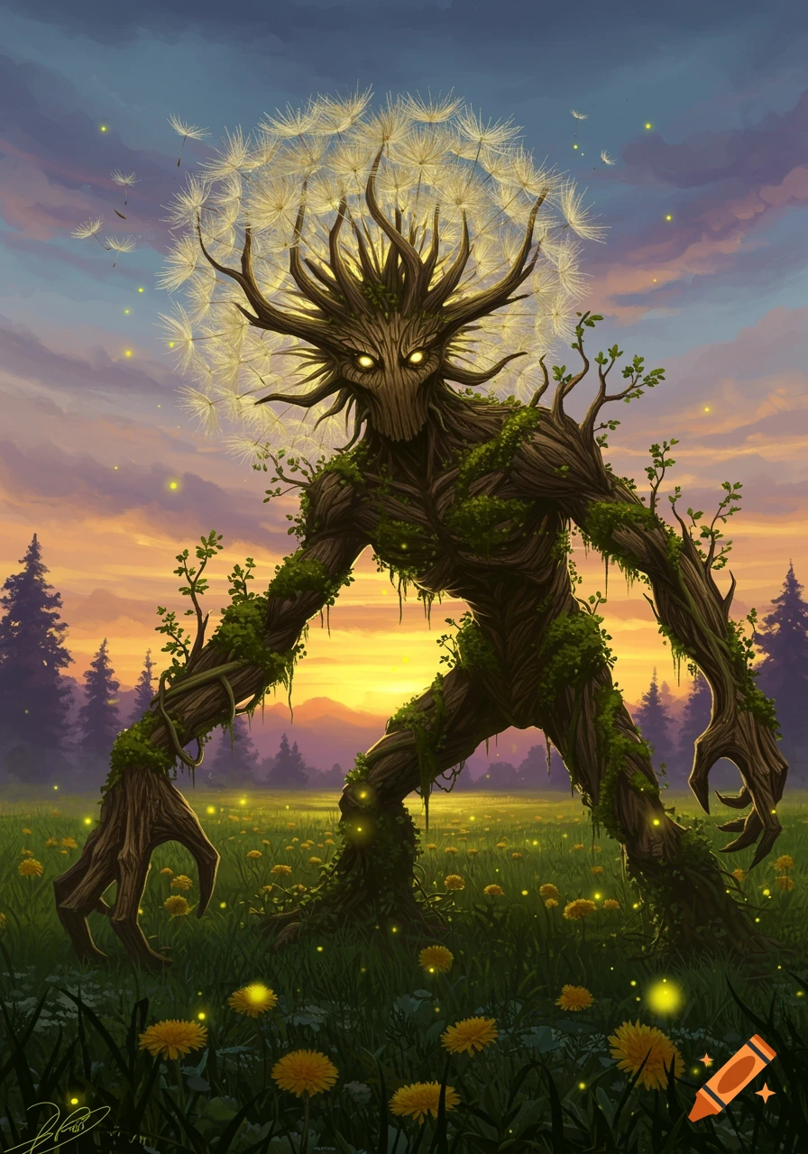 A fantasy tree monster with a glowing dandelion head and eyes stands in a field of dandelions at sunset.