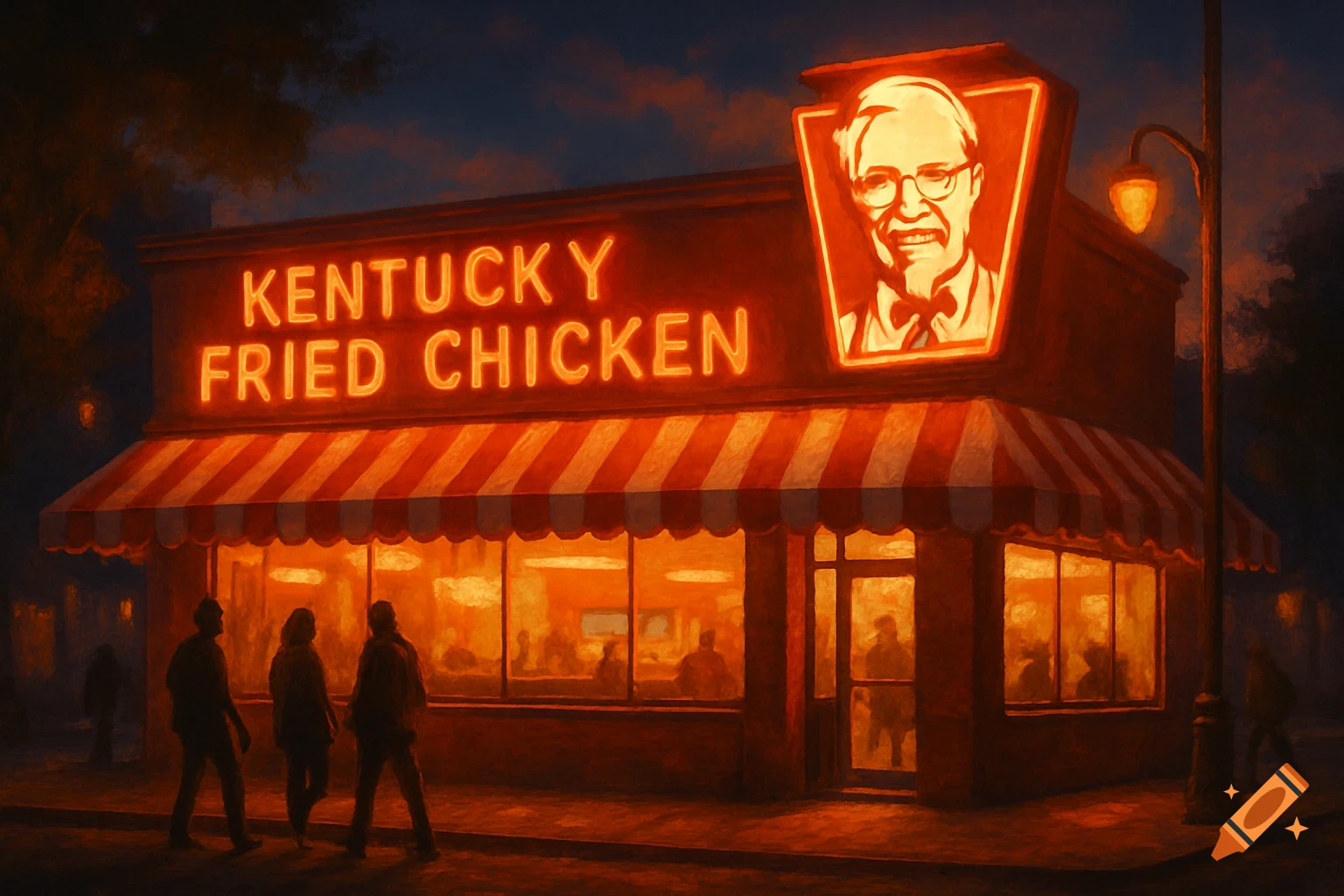 A painterly depiction of a Kentucky Fried Chicken restaurant at night, with glowing neon signs and people walking by.