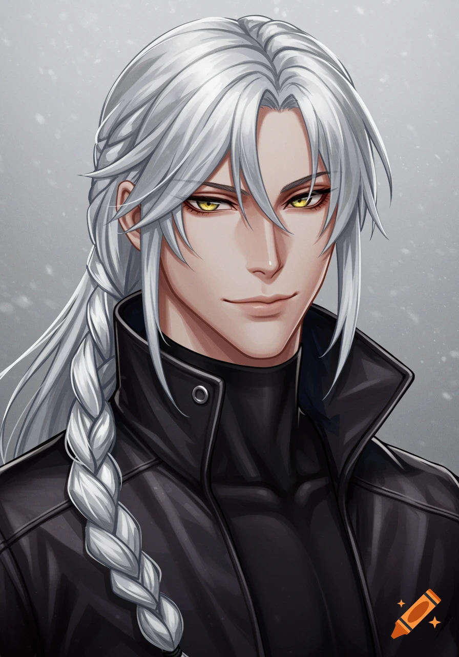 Anime man with long silver braided hair, golden eyes, and a smug expression, wearing a black leather jacket.