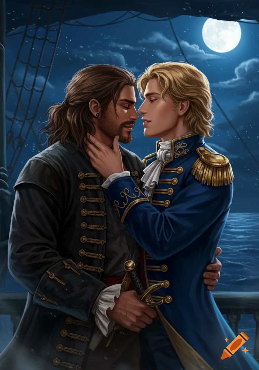 Illustration of a pirate and a prince embracing intimately on a ship deck at night under a full moon.