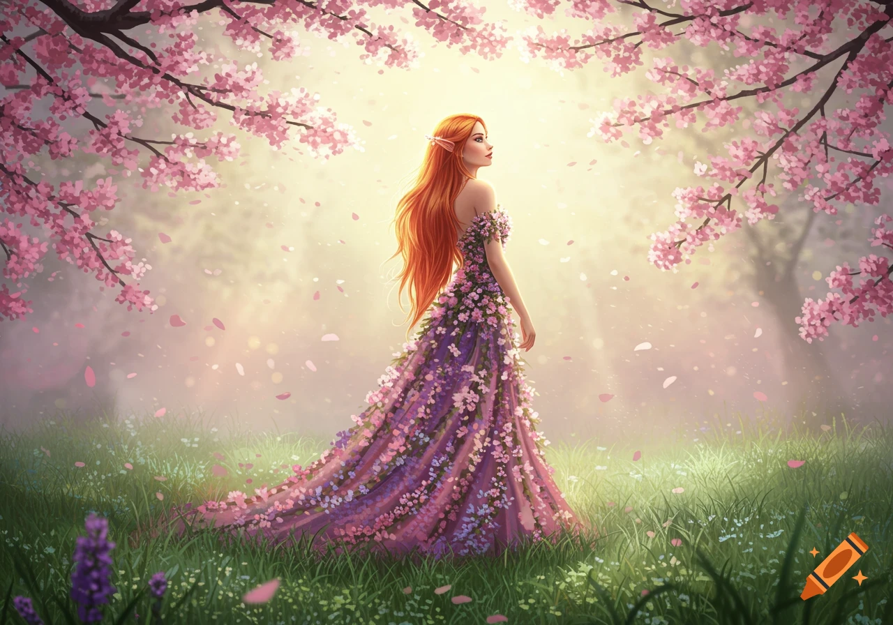A woman with long red hair in a purple floral dress stands in a spring meadow under pink blossoming trees, art illustration.