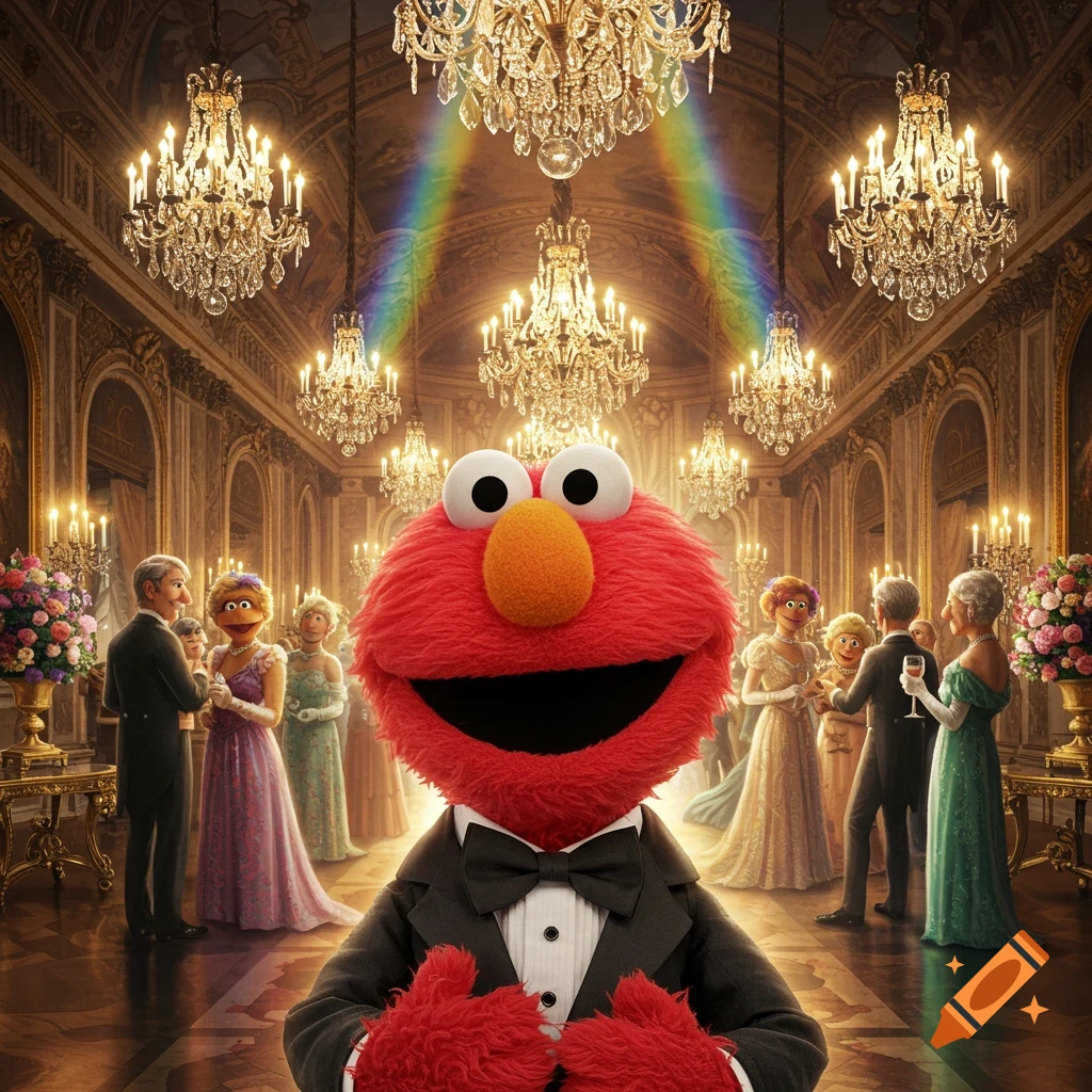 Elmo in a tuxedo stands prominently at a luxurious ballroom party, surrounded by chandeliers and other formally dressed guests. A rainbow arches overhead.