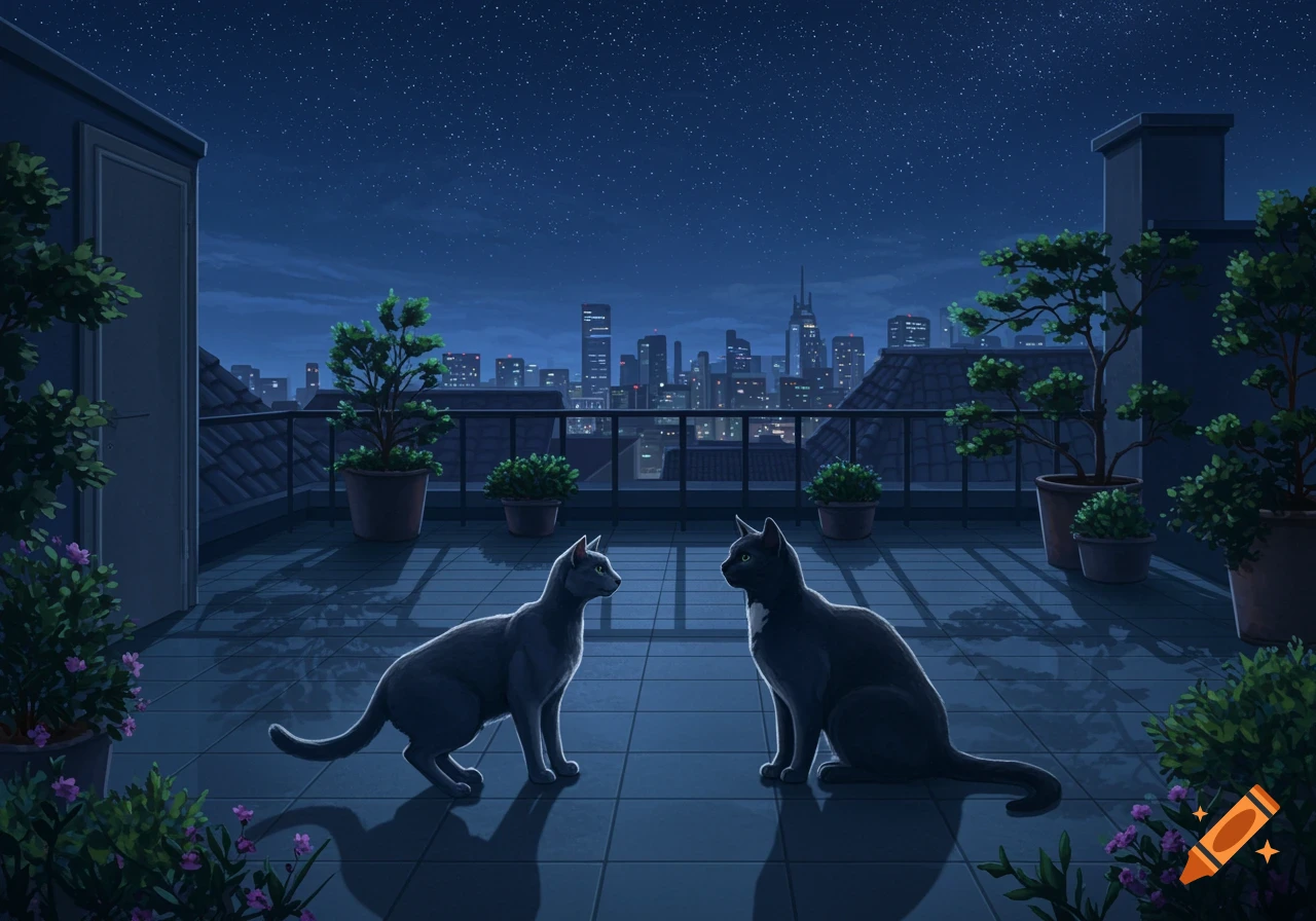 Two cats look at each other on a rooftop at night with a city skyline under a starry sky.