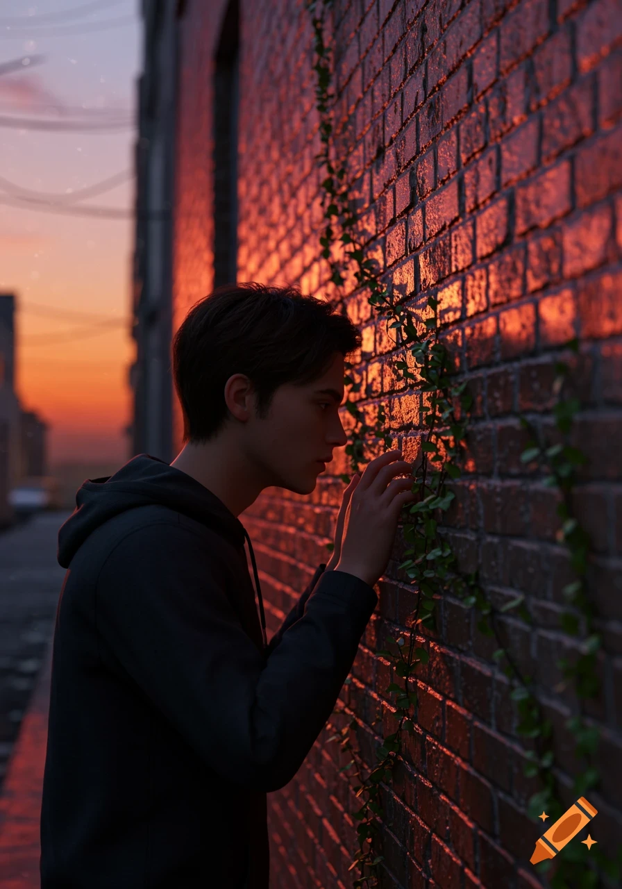 A young man touches an ivy-covered brick wall, illuminated by a warm orange sunset glow in an urban alley.