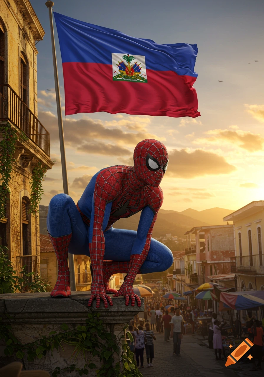 Spider-Man crouches on a building ledge overlooking a bustling street, with a large Haitian flag waving against a sunset sky.
