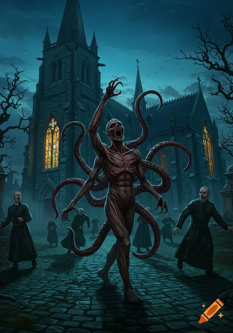 A monstrous, tentacled figure screams in a dark church courtyard with fleeing priests in a gothic horror style.
