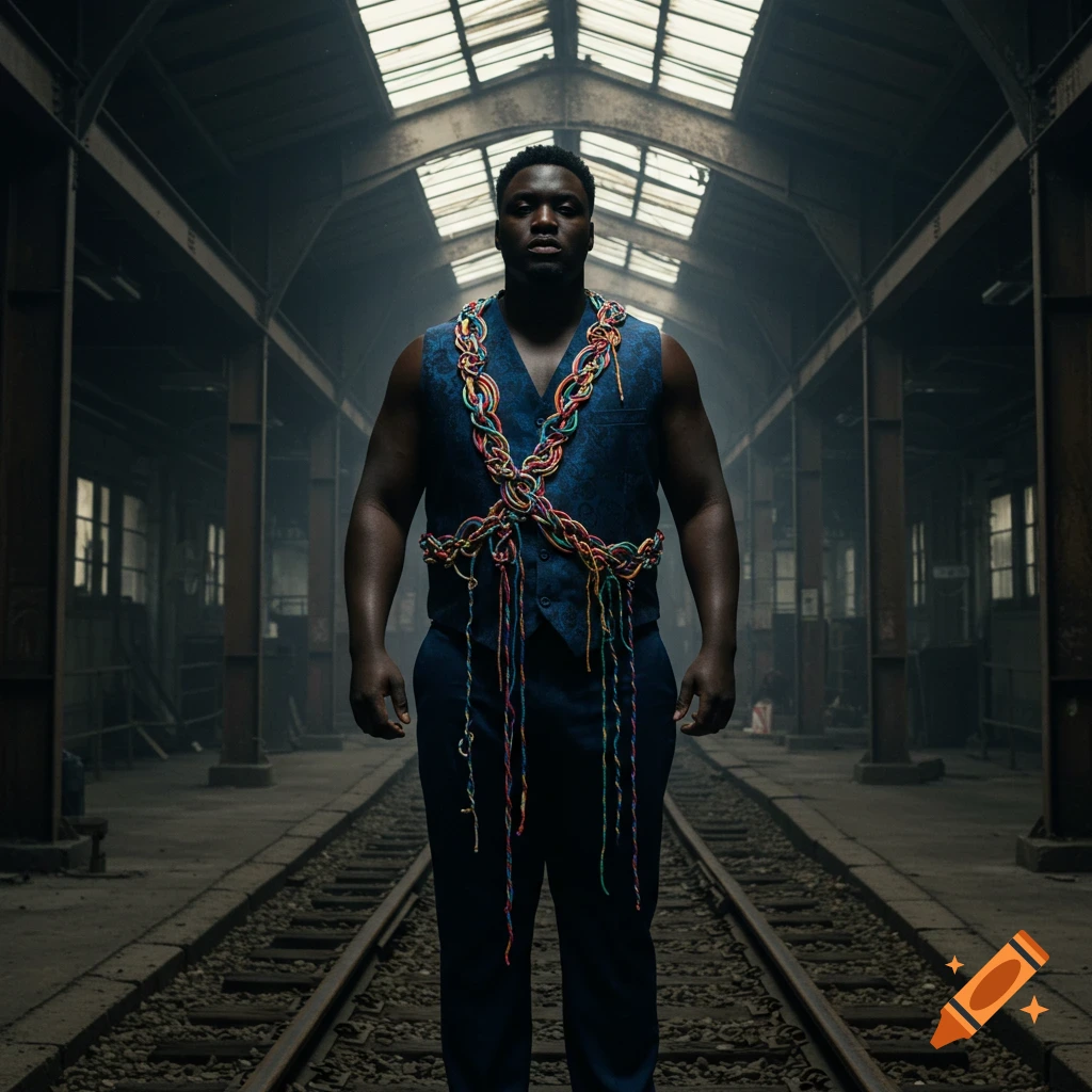 Muscular man in blue vest with colorful strings stands on train tracks in a dark industrial building.