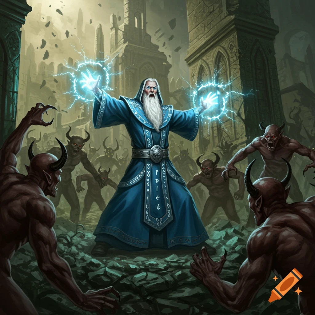 A powerful wizard in a blue robe casts spells, surrounded by attacking red-skinned demons in a ruined, dark fantasy landscape.