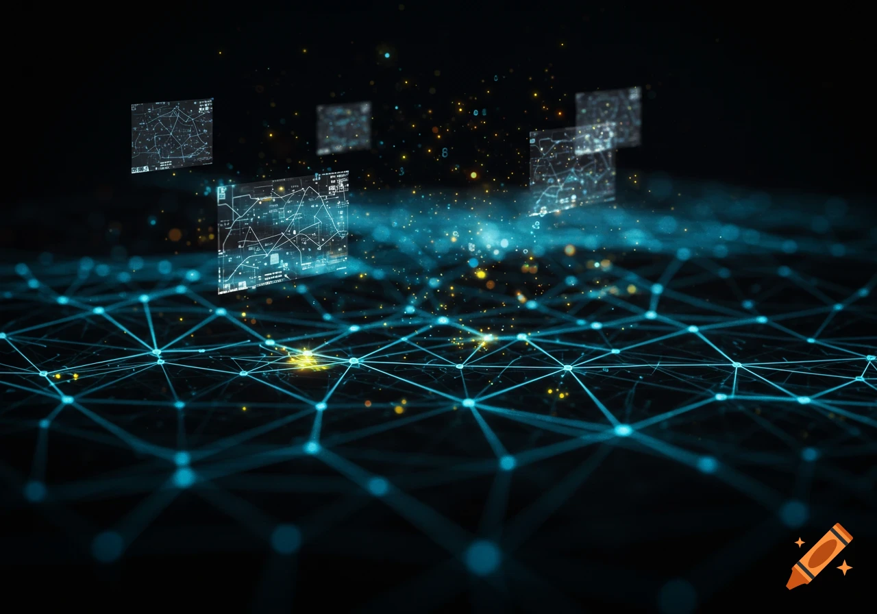 A glowing blue digital network grid with abstract data screens floating above, against a dark background with scattered light.