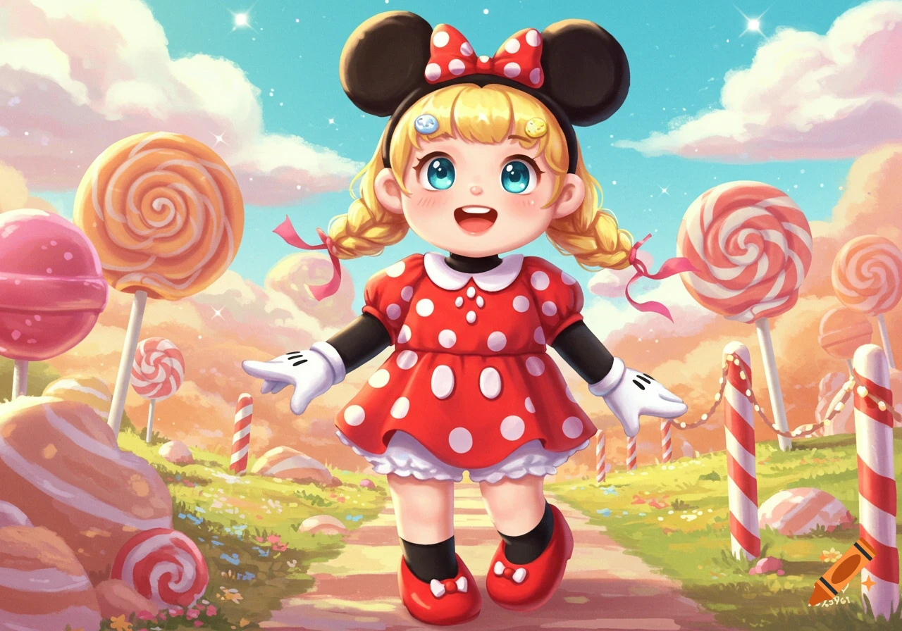 Cute cartoon girl in a red Minnie Mouse dress and ears, smiling in a vibrant candy land with lollipops.
