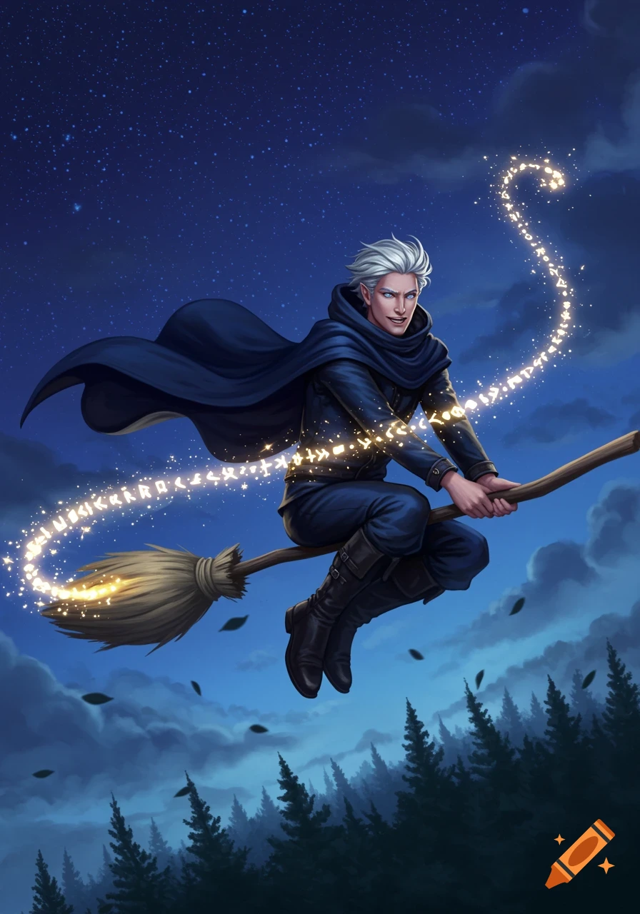 A white-haired male witch in a dark cloak flies a broomstick through a starry night sky, leaving a glowing magical trail over a forest.
