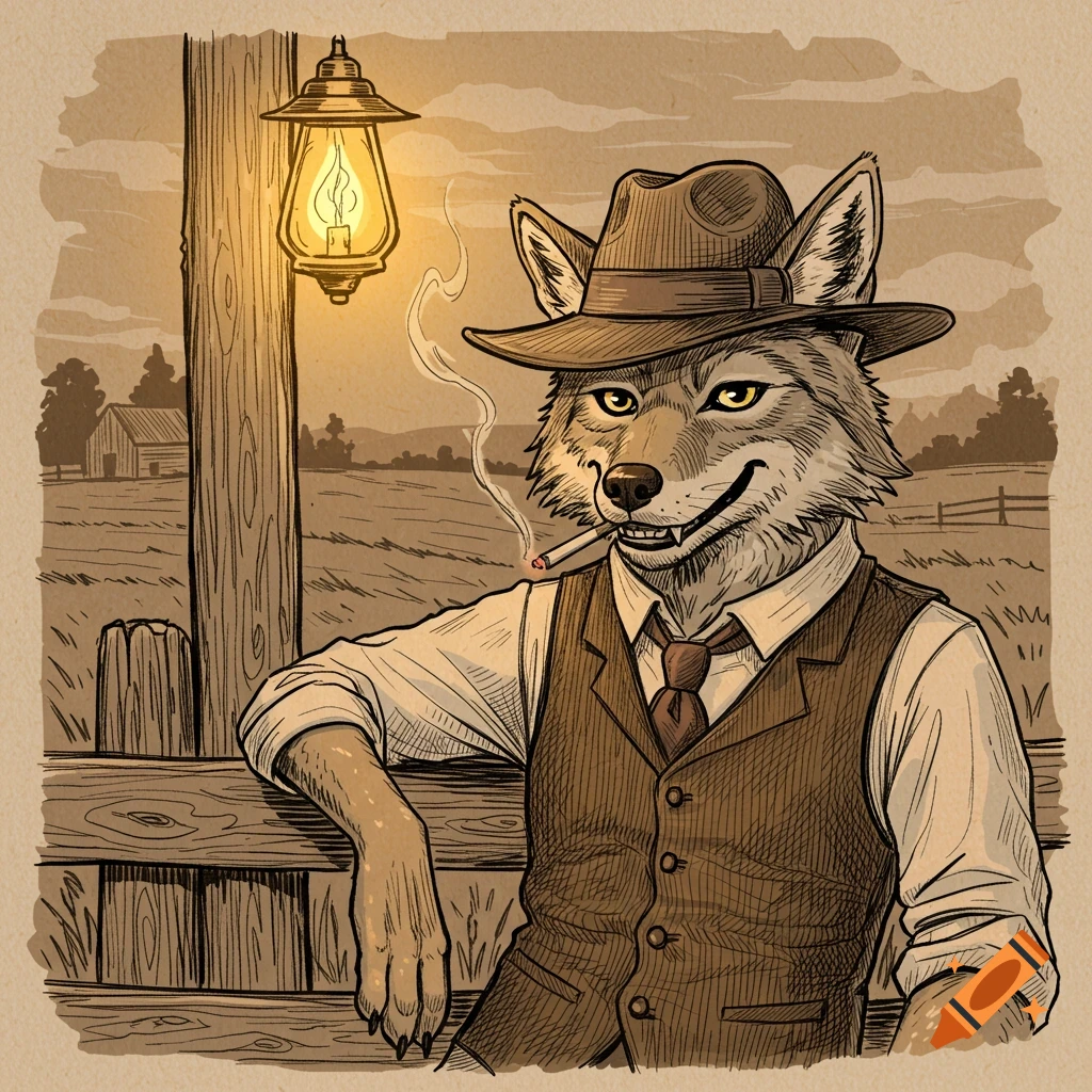 A hand-drawn illustration of an anthropomorphic coyote in a hat and vest, smoking a cigarette, leaning on a fence under a lantern.