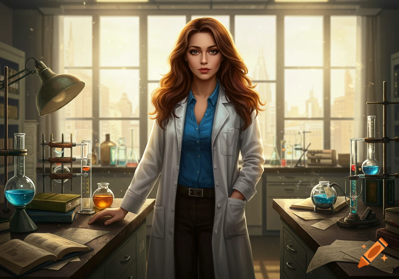 A confident woman in a white lab coat with long brown hair stands in a bright science laboratory with beakers and books.