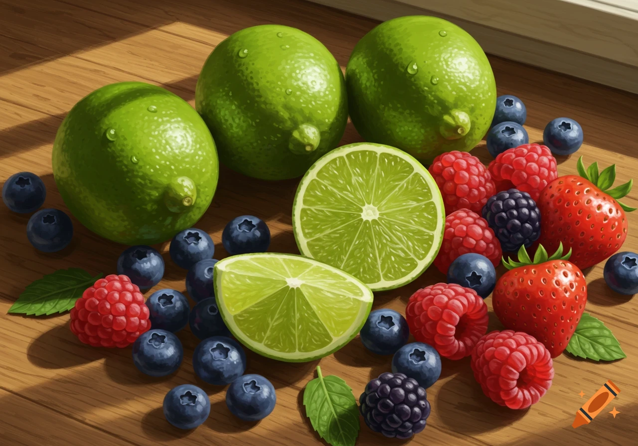 A vibrant still life of fresh limes, blueberries, raspberries, blackberries, and strawberries on a wooden surface.