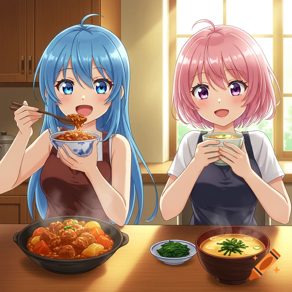 Two anime girls eating at a wooden table in a sunlit kitchen. One eats stew from a bowl, the other holds a cup of soup.
