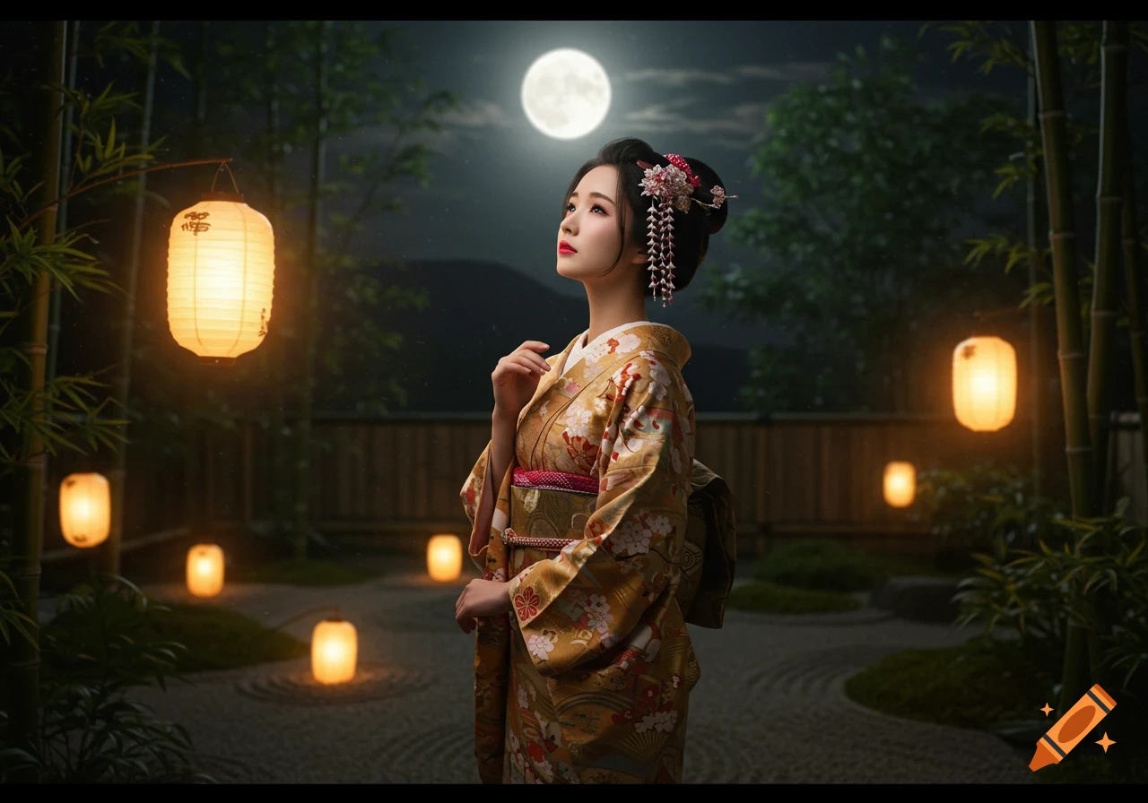 A Japanese woman in a kimono gazing at a full moon in a traditional garden with glowing lanterns at night.