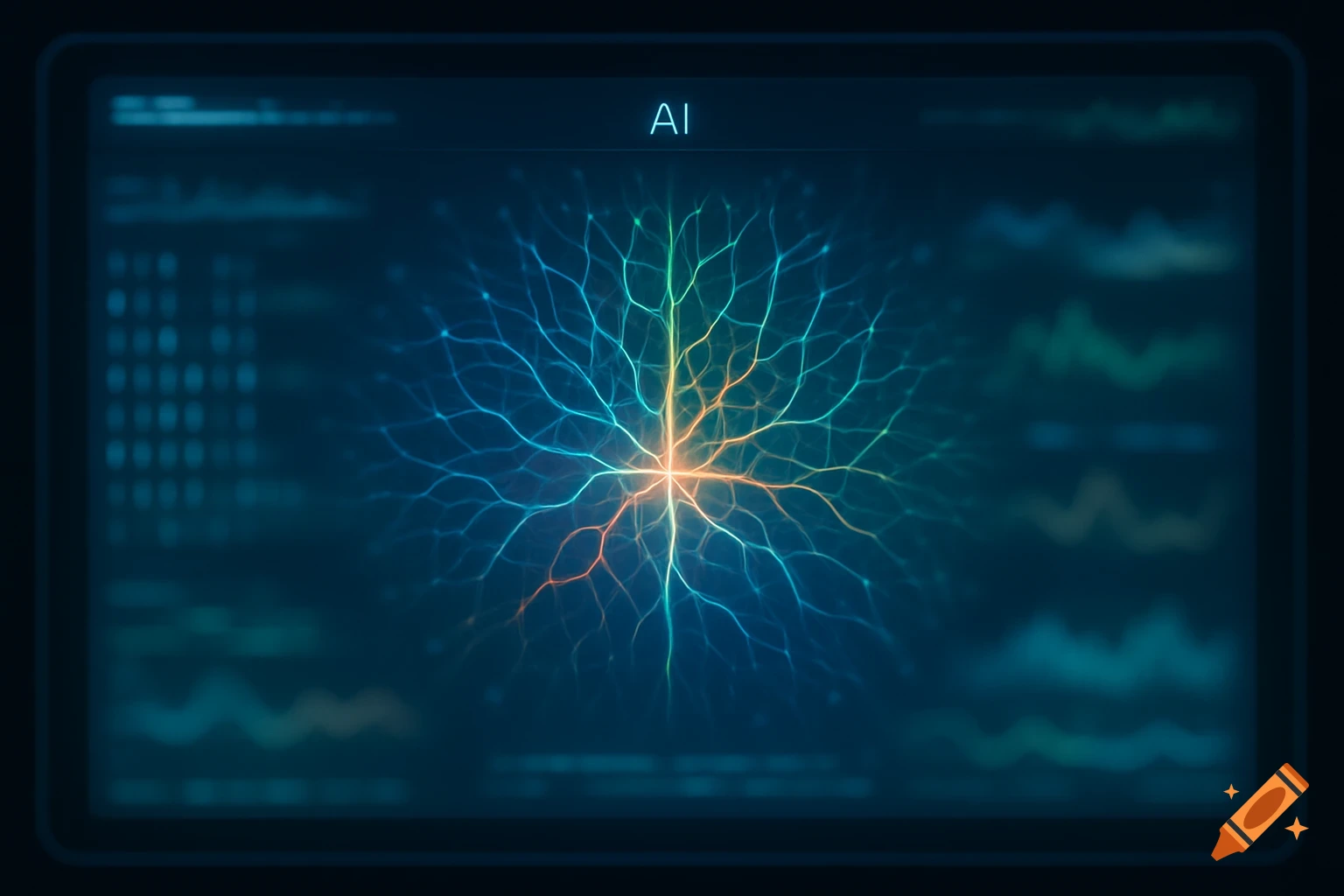 A digital screen displaying a glowing neural network with branching colorful lines, and the text 'AI' at the top.