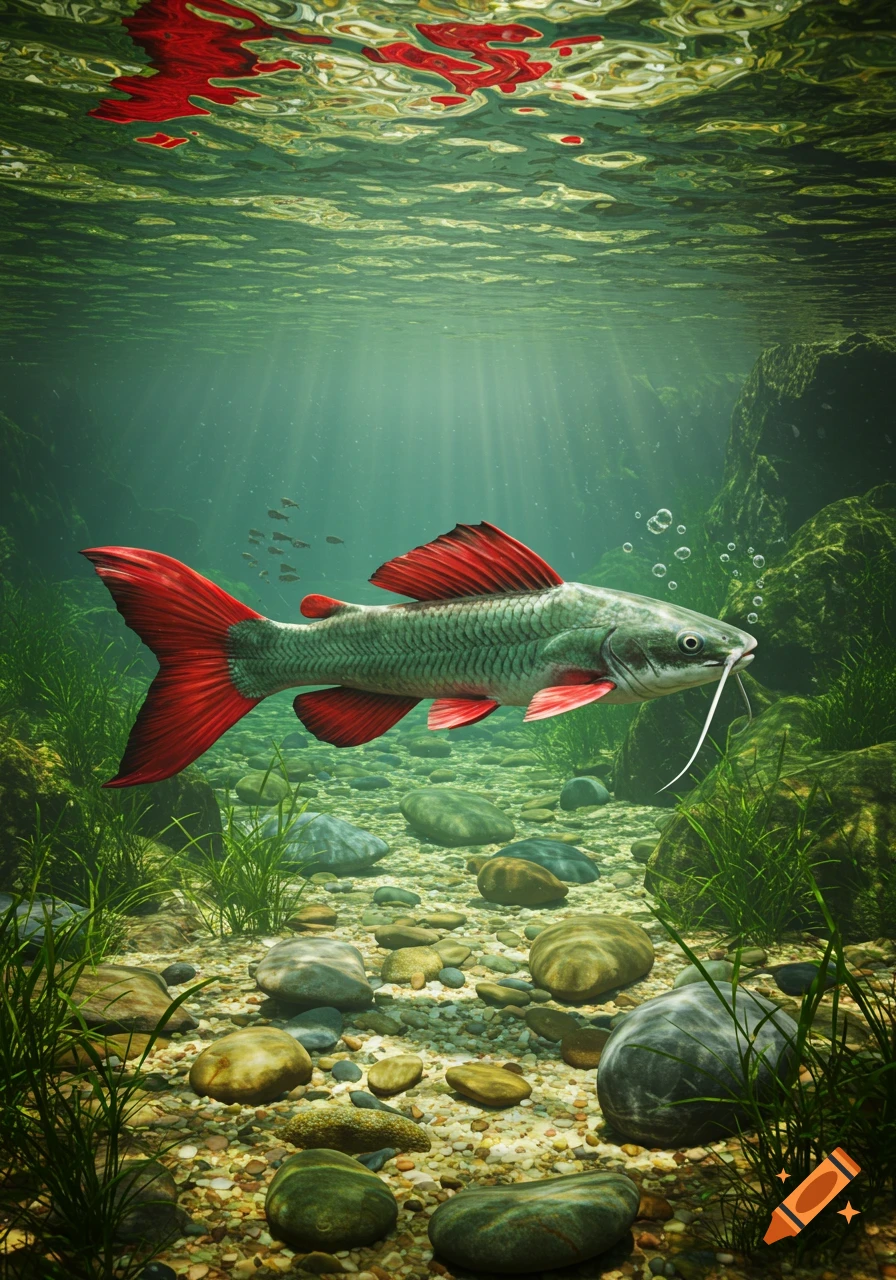 A stylized green fish with prominent red fins and barbels swims in clear, sunlit underwater surroundings with rocks and plants.