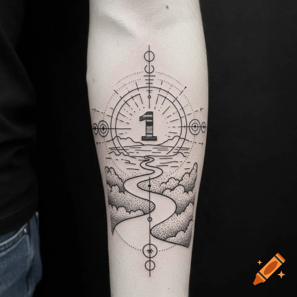 A clean blackwork forearm tattoo featuring a number 1 in a geometric compass-like circle above a winding path through clouds.