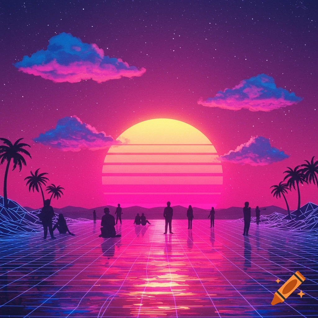 A vibrant vaporwave landscape with silhouetted people against a large, striped sunset, glowing grid floor, and palm trees under a starry pink-purple sky.