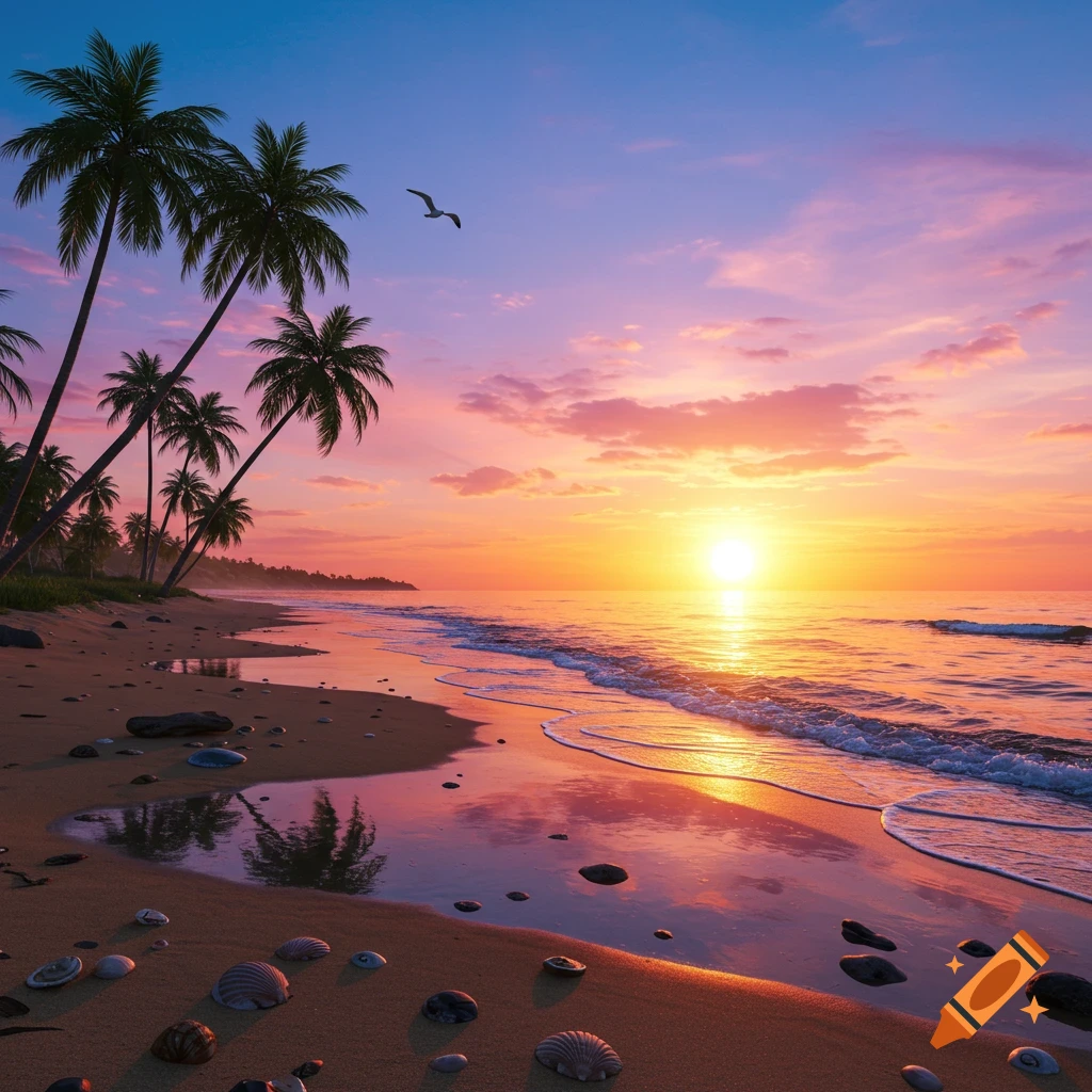 A beautiful sunset casts a colorful glow over a tropical beach with palm trees and ocean waves.