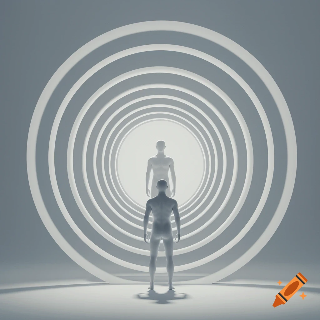 Two minimalist figures in a monochromatic, abstract tunnel of concentric white rings with a bright light at the end.