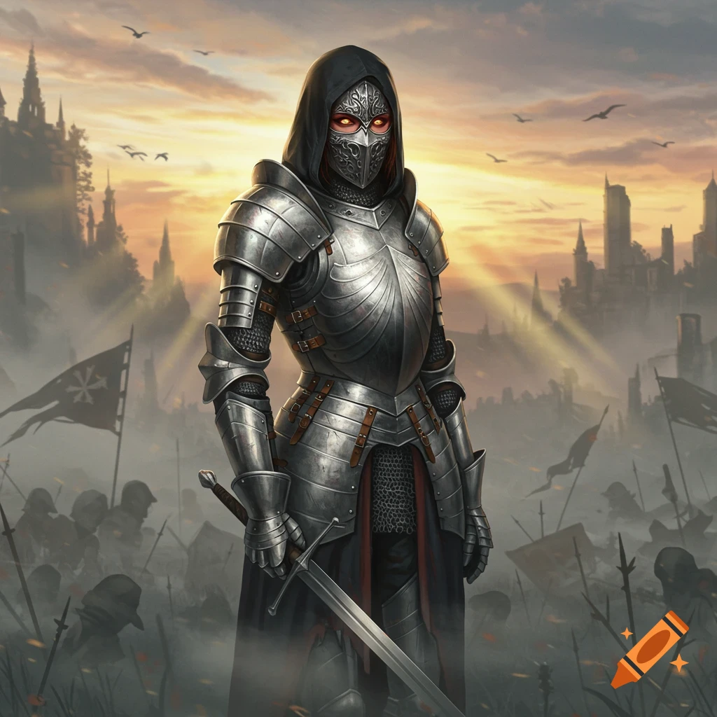 A female knight in shining silver armor, a hooded mask with glowing red eyes, and a sword stands on a battlefield at sunset.
