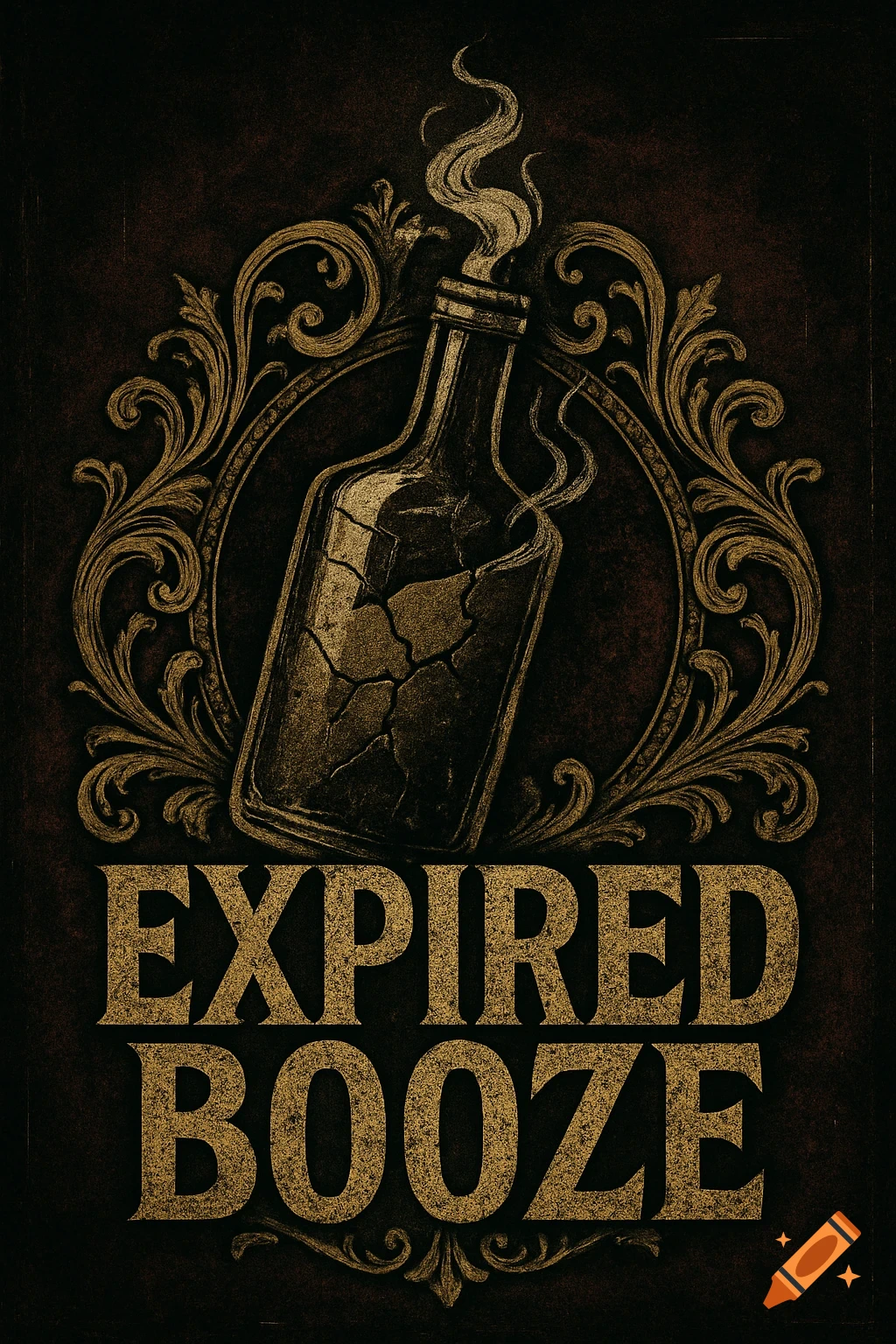 Vintage-style illustration of a cracked bottle within an ornate frame, with the text 'EXPIRED BOOZE' below.