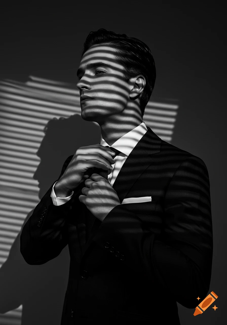 Cinematic black and white portrait of a man in a suit adjusting his tie, with horizontal light streaks creating shadows.
