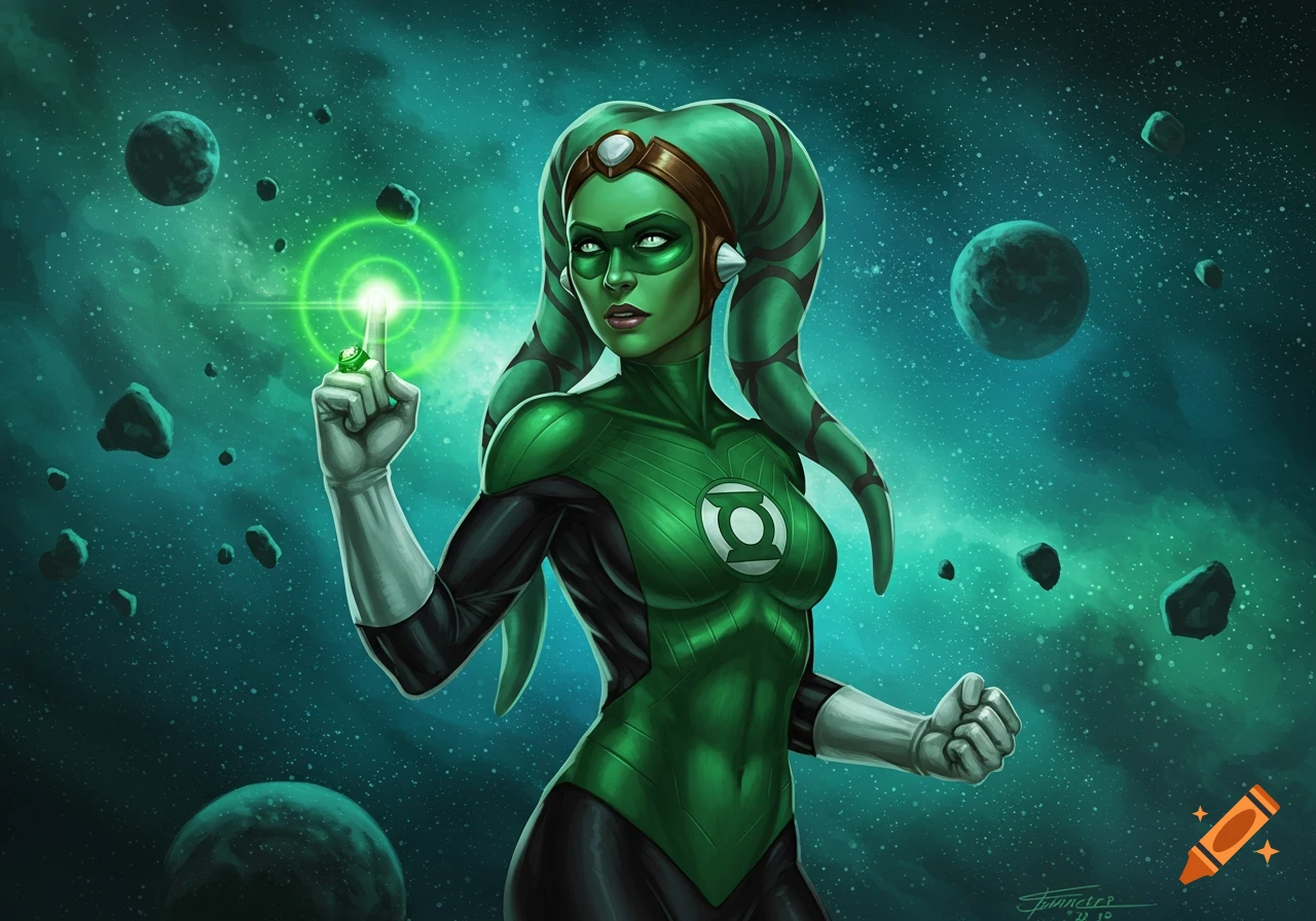 A female Twi'lek Green Lantern in a green and black suit, activating her power ring in a starry cosmic environment.