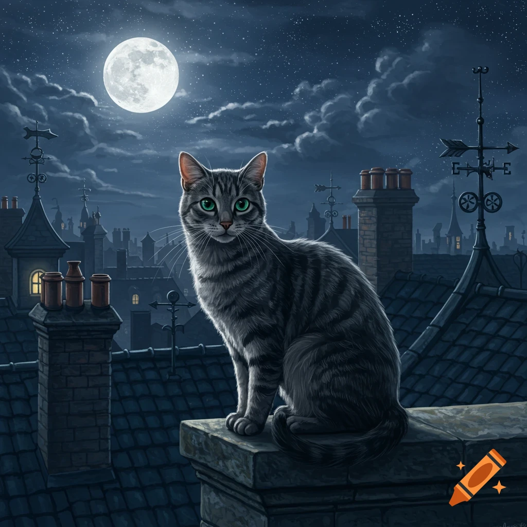 Gray tabby cat sits on a dark city rooftop under a large full moon and starry night sky, with rooftops and chimneys. Illustrated.