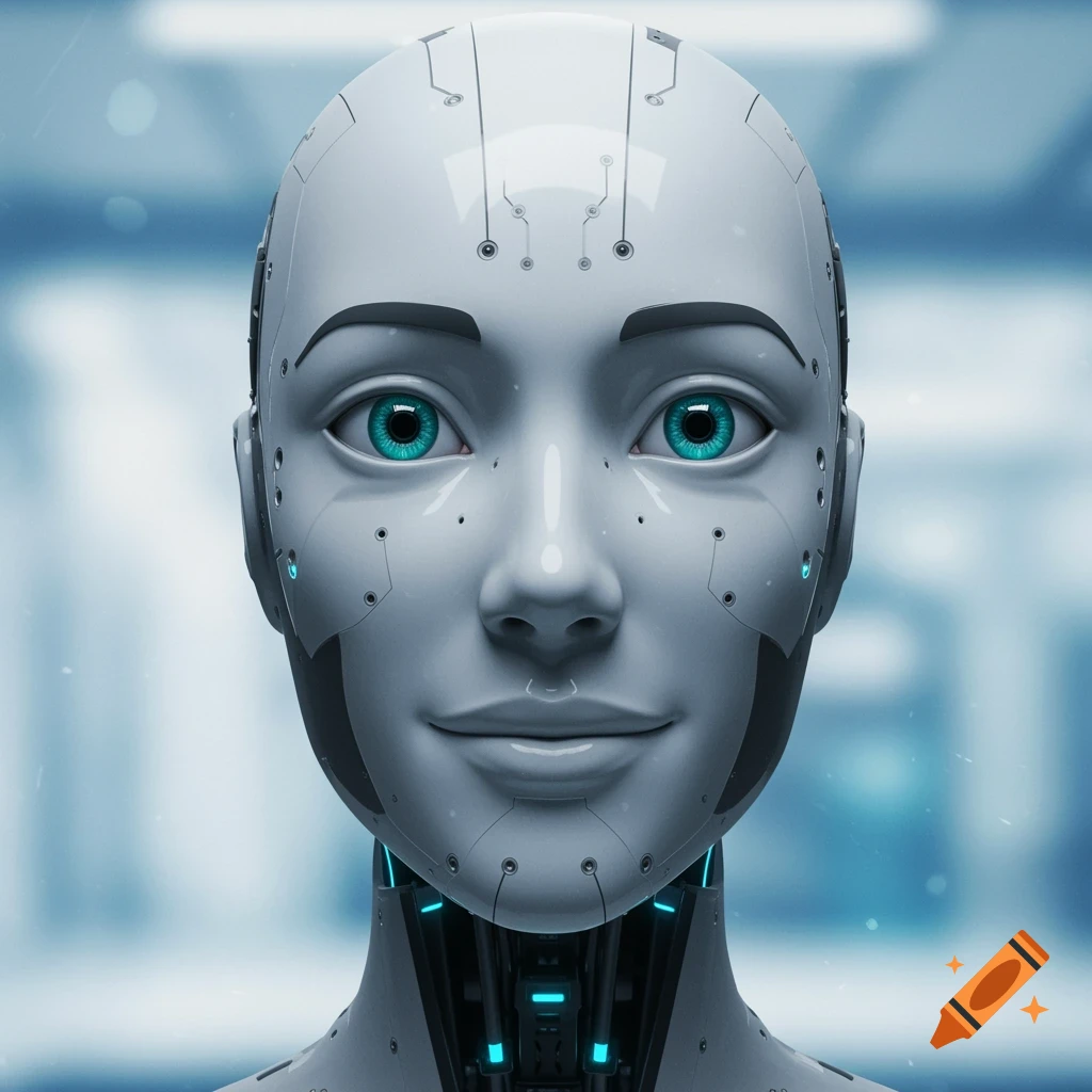 Close-up of a friendly-looking humanoid robot's face with bright blue eyes and a slight smile.