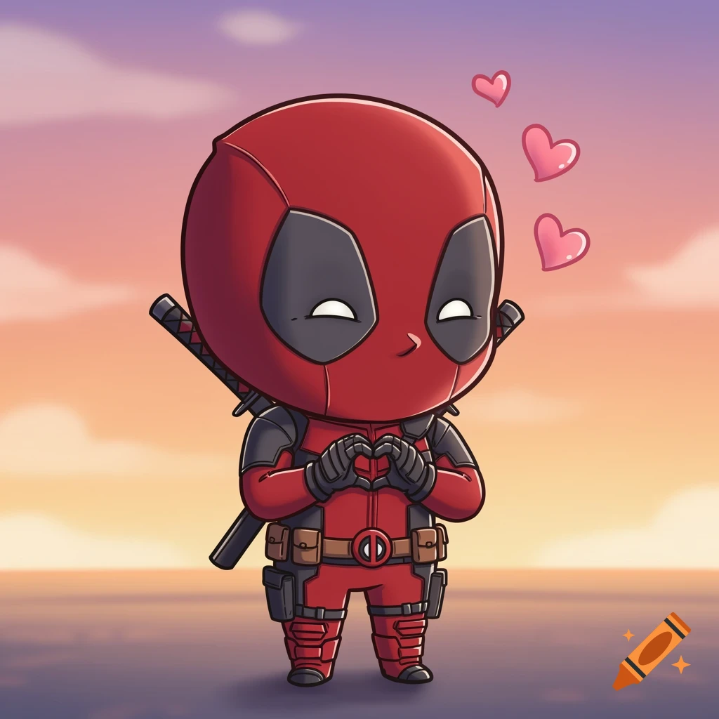 A cute chibi Deadpool character forms a heart with his hands, standing against a pastel sky.