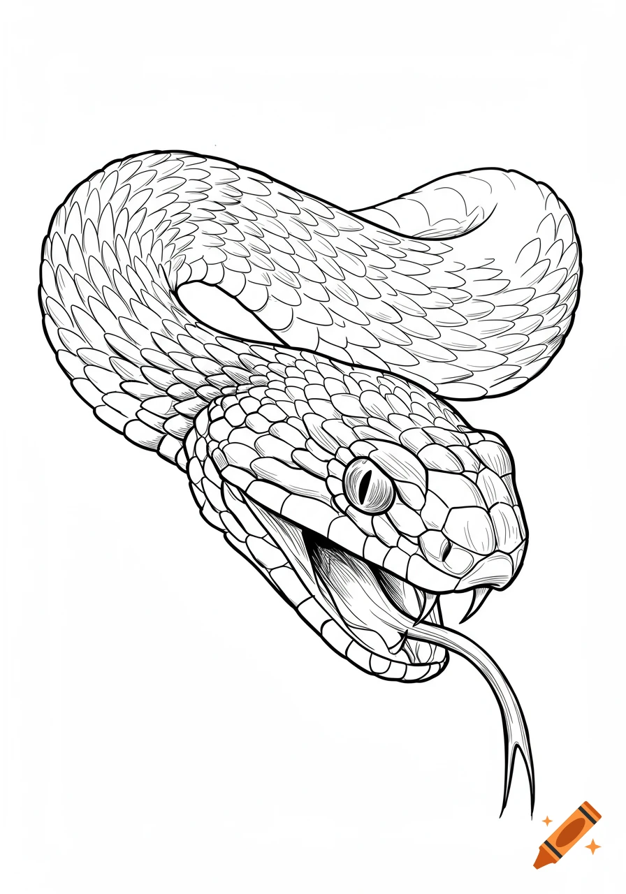 A detailed black and white line drawing of a snake's head with its mouth open, fangs bared, and tongue flicking.