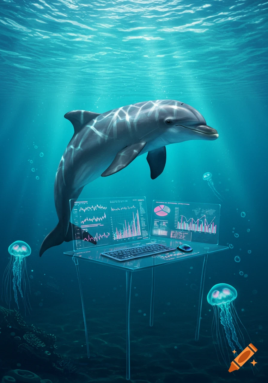 A smiling dolphin floats underwater, looking at glowing transparent computer screens displaying financial graphs and charts on a clear desk, with jellyfish around.