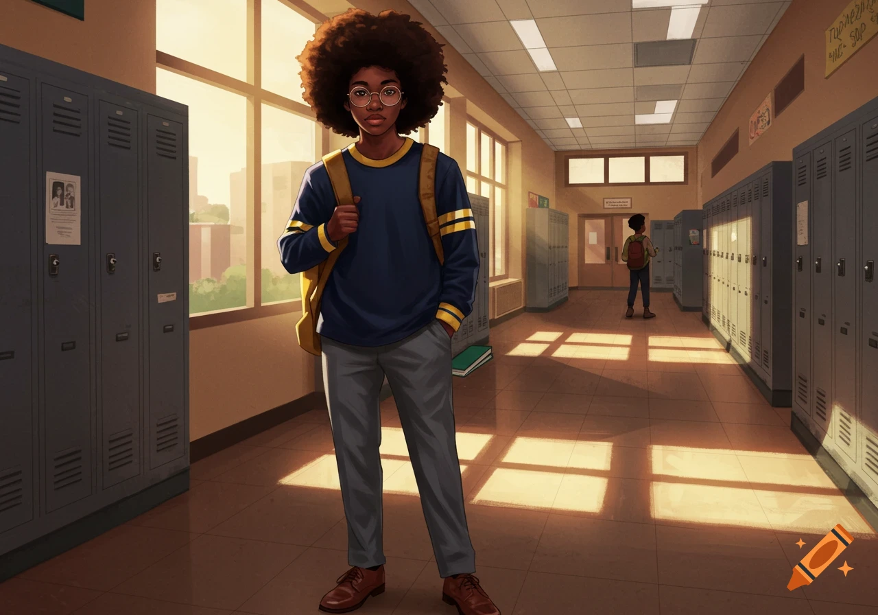 An illustration of an African American student with an afro, wearing a blue shirt and grey pants, standing in a sunny school hallway with lockers.